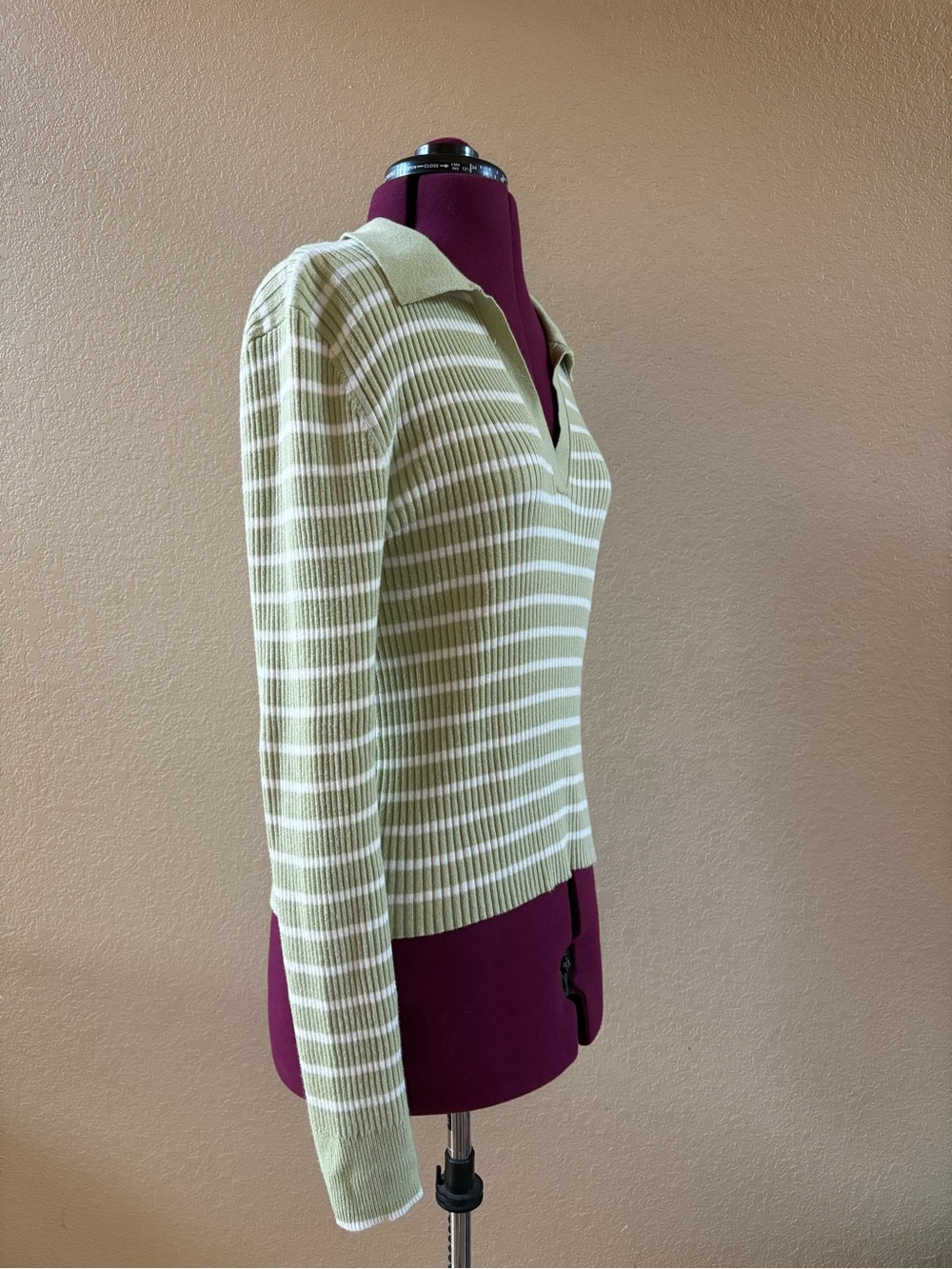 American Eagle Outfitters Green and White Striped V-Neck Polo Sweater - Picture 2 of 5